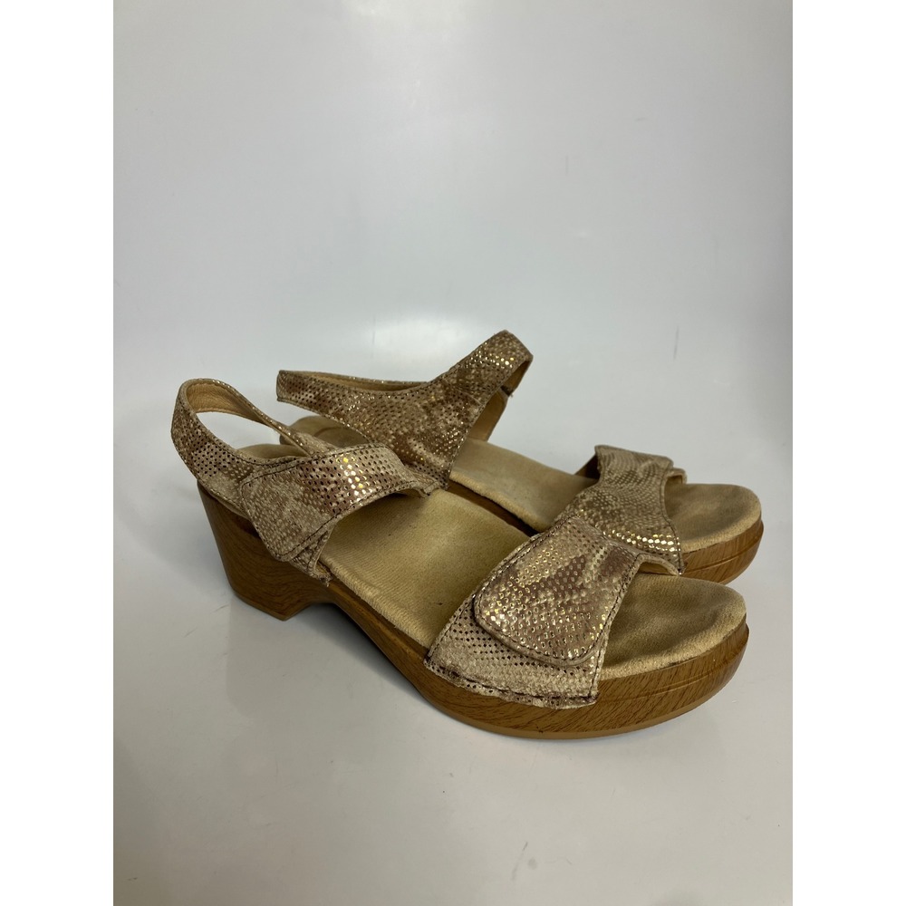 Dansko Wedge Sandals Women 38 Gold Good Snake Print Metallic Platform‎ Strappy